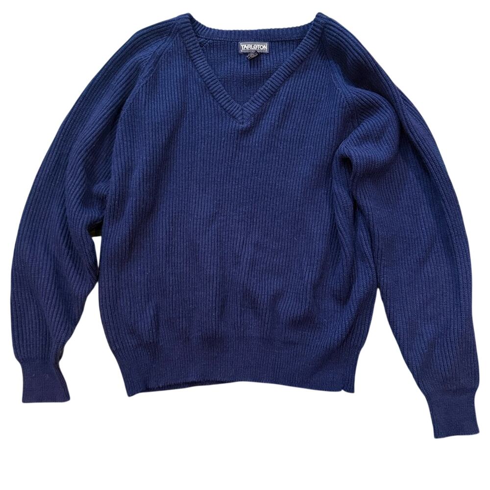 Vtg 90s Mens Navy V-Neck Sweater L Fisherman Old Money Coastal Preppy Grandpa